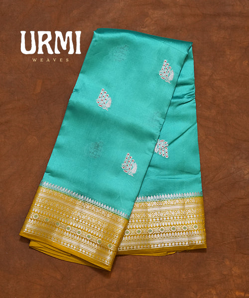 SEA BLUE & MUSTERD YELLOW - PURE RAW MANGO SILK HANDLOOM SAREE