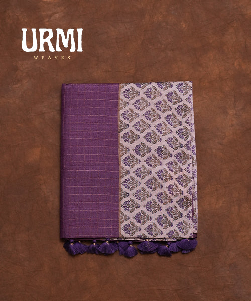 VIOLET - PURE TUSSAR SAREE WITH HAND BLOCK PRINT BORDER