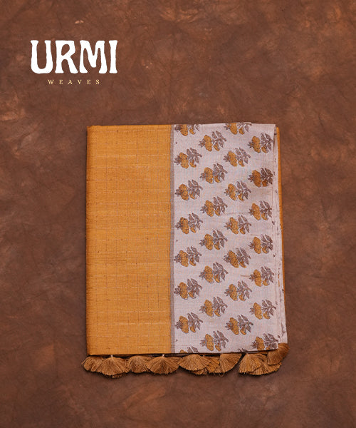 YELLOW - PURE TUSSAR SAREE WITH HAND BLOCK PRINT BORDER