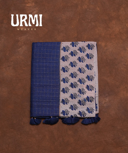 BLUE - PURE TUSSAR SAREE WITH HAND BLOCK PRINT BORDER