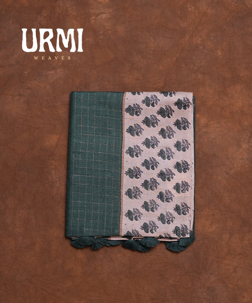 OLIVE GREEN - PURE TUSSAR SAREE WITH HAND BLOCK PRINT BORDER