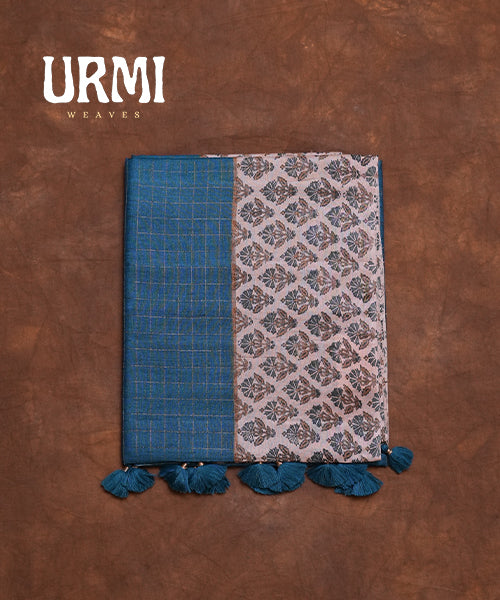 PEACOCK BLUE - PURE TUSSAR SAREE WITH HAND BLOCK PRINT BORDER