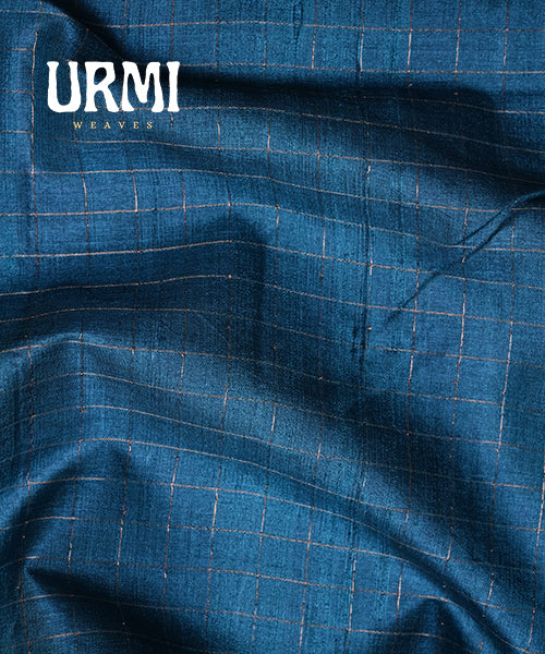 PEACOCK BLUE - PURE TUSSAR SAREE WITH HAND BLOCK PRINT BORDER