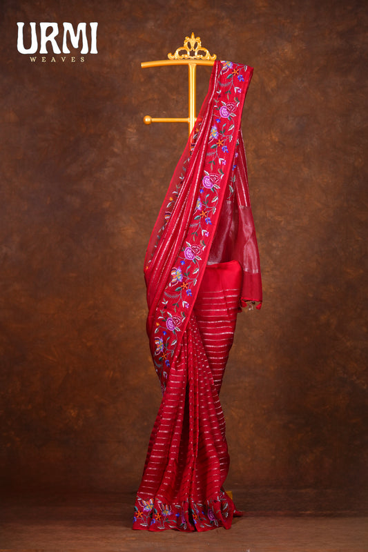 PURE KORA ORAGANZA SAREE-RED