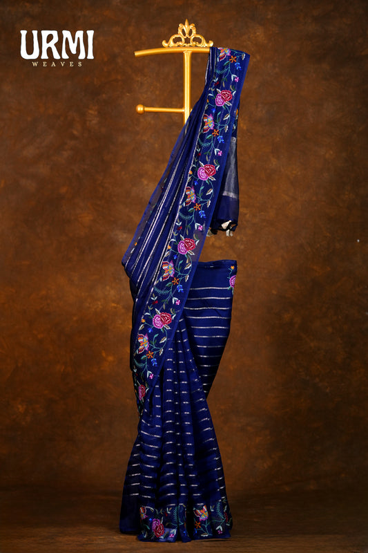 PURE KORA ORGANZA SAREE- NAVY BLUE
