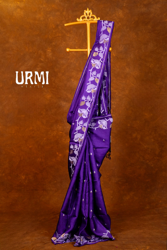 TUSSAR KORA JAMDANI SAREE - BRINJAL