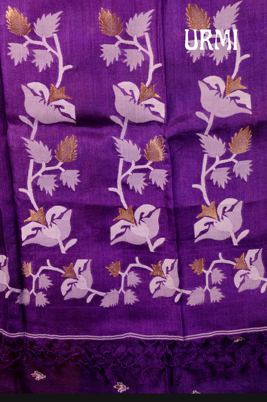 TUSSAR KORA JAMDANI SAREE - BRINJAL