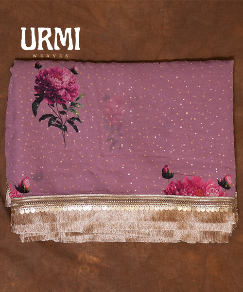 ONION PINK - PURE GEORGETTE SAREE WITH ALLOVER HANDWORK& DIGITAL PRINT