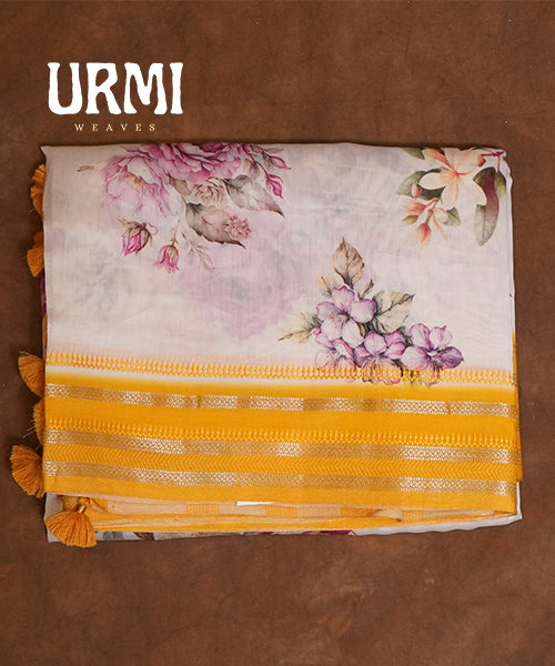 PURE SILK COTTON SAREE WITH ALLOVER DIGITAL PRINT & ZARI BORDER