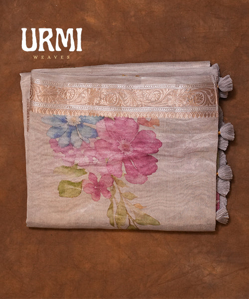 HALF WHITE - PURE TISSUE PATTU SAREES WITH ALLOVER DIGITAL PRINT