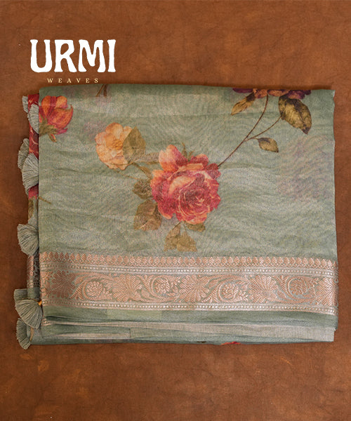OLIVE GREEN - PURE TISSUE PATTU SAREES WITH ALLOVER DIGITAL PRINT