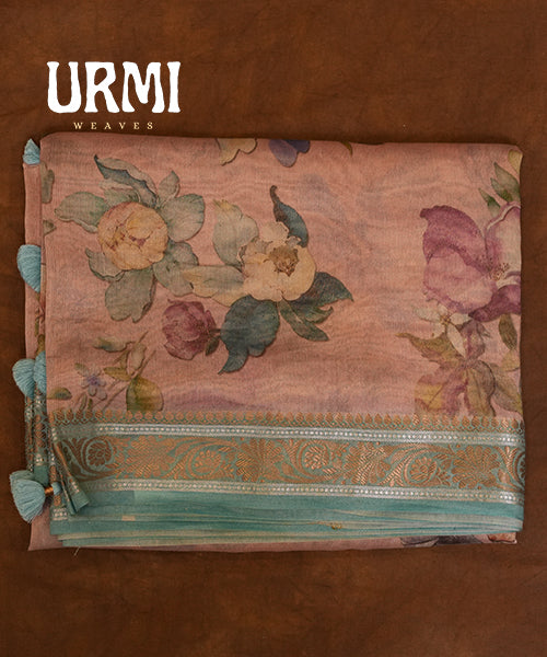 PEACH & BLUE - PURE TISSUE PATTU SAREES WITH ALLOVER DIGITAL PRINT