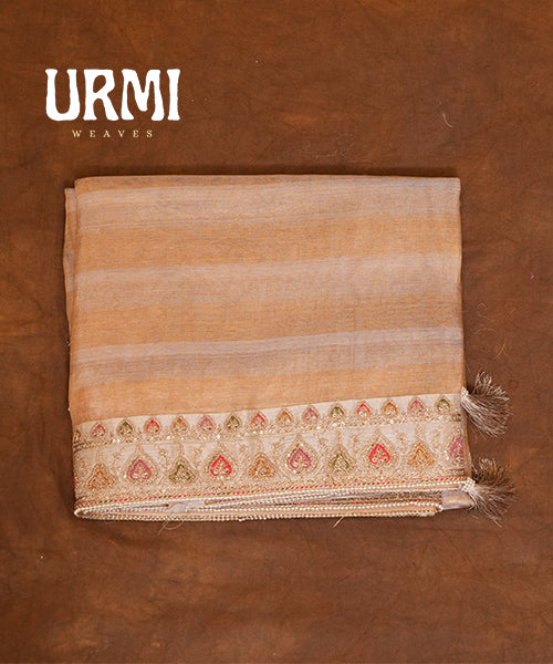 PEACH & WHITE  PURE TISSUE ORGANZA SILK SAREE
