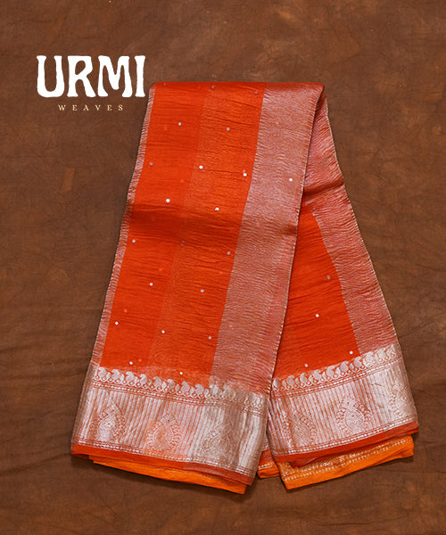 DEEP ORAGNE PURE BENARAS CRUSHED GEORGETTE SAREE