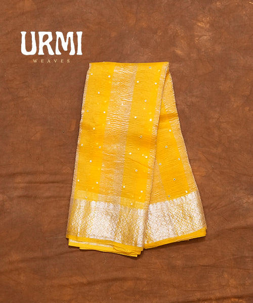 LEMON YELLOW PURE BENARAS CRUSHED GEORGETTE SAREE