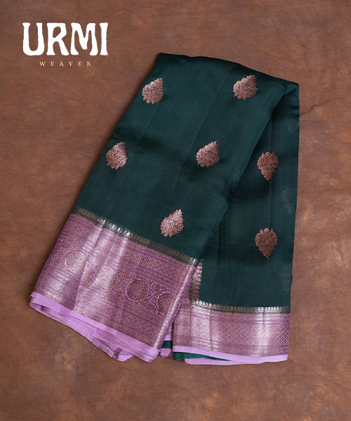 DARK GREEN & ONION PINK - PURE KANCHI KORA SAREE WITH ALLOVER ANTIQUE ZARI WOVEN