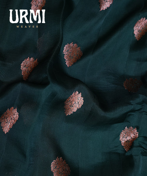DARK GREEN & ONION PINK - PURE KANCHI KORA SAREE WITH ALLOVER ANTIQUE ZARI WOVEN