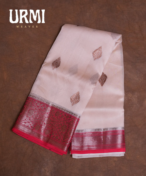 CREAM & RED - PURE KANCHI KORA SAREE WITH ALLOVER ANTIQUE ZARI WOVEN