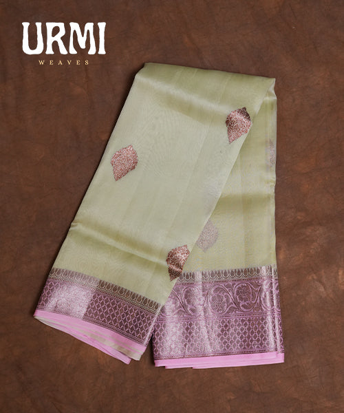 PISTA GREEN & PINK - PURE KANCHI KORA SAREE WITH ALLOVER ANTIQUE ZARI WOVEN
