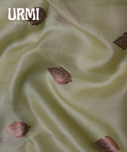 PISTA GREEN & PINK - PURE KANCHI KORA SAREE WITH ALLOVER ANTIQUE ZARI WOVEN