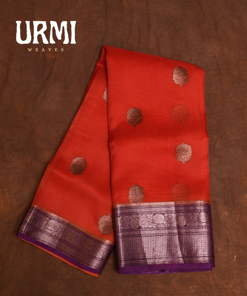 ORANGE & PURPLE - PURE KANCHI KORA SAREE WITH ALLOVER ANTIQUE ZARI WOVEN