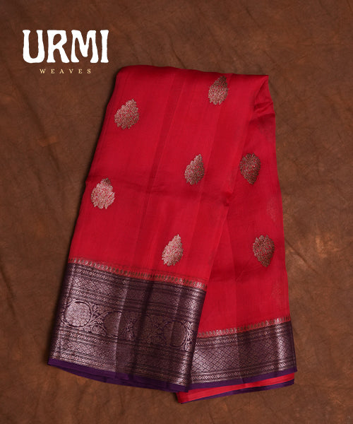 RED & PURPLE - PURE KANCHI KORA SAREE WITH ALLOVER ANTIQUE ZARI WOVEN