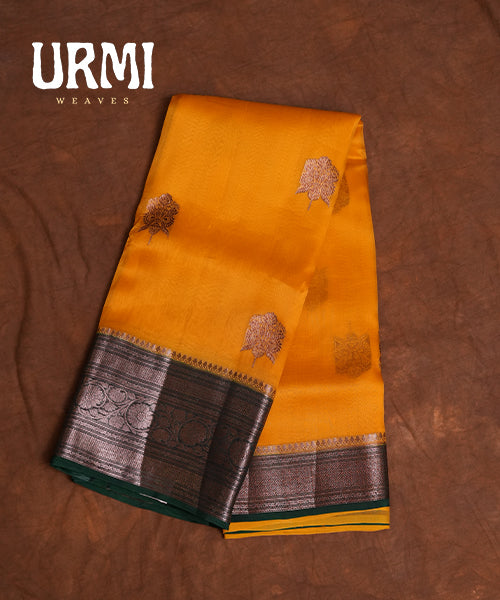 YELLOW & GREEN - PURE KANCHI KORA SAREE WITH ALLOVER ANTIQUE ZARI WOVEN