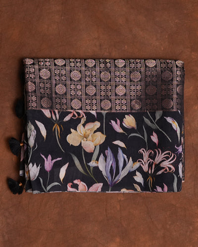 BLACK - SOFT KANCHI PATTU SAREE WITH ALLOVER ZARI AND UNIQUE PRINTED PALLU