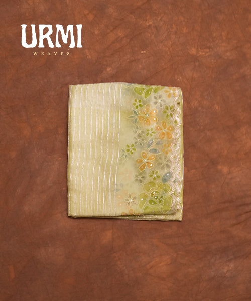 PISTA GREEN - PURE KORA SAREE WITH HAND PAINT AND EMBROIDERY WORK