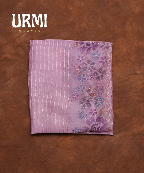 ONION PINK - PURE KORA SAREE WITH HAND PAINT AND EMBROIDERY WORK