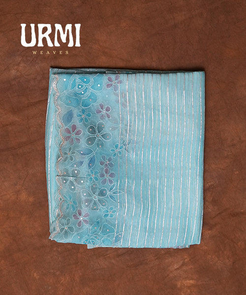 BLUE - PURE KORA SAREE WITH HAND PAINT AND EMBROIDERY WORK