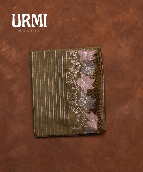 OLIVE GREEN - PURE KORA SAREE WITH HAND PAINT AND EMBROIDERY WORK