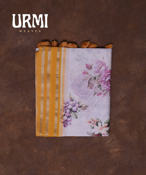 YELLOW & WHITE - PURE SILK COTTON WITH ALLOVER DIGITAL PRINTED