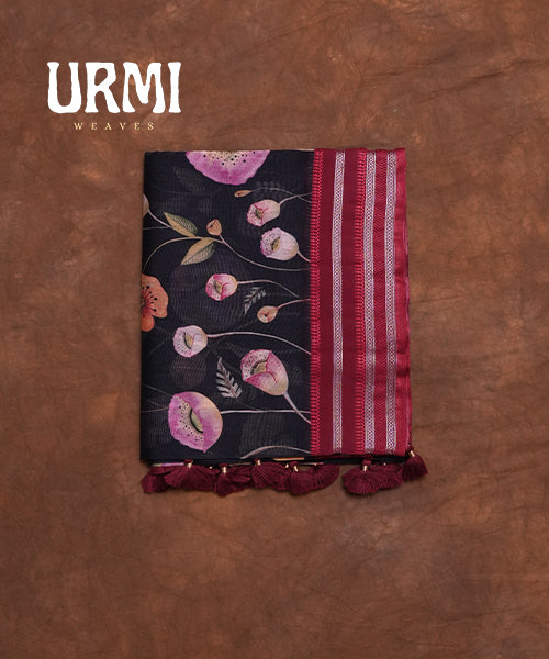 BLACK & MAROON - PURE SILK COTTON WITH ALLOVER DIGITAL PRINTED