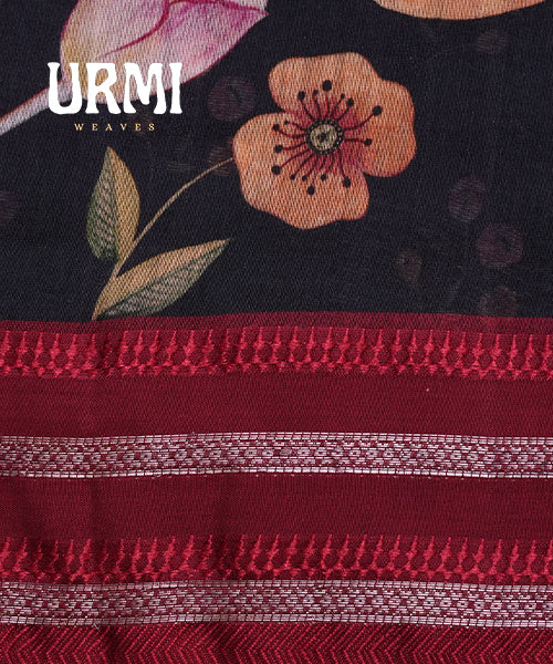 BLACK & MAROON - PURE SILK COTTON WITH ALLOVER DIGITAL PRINTED