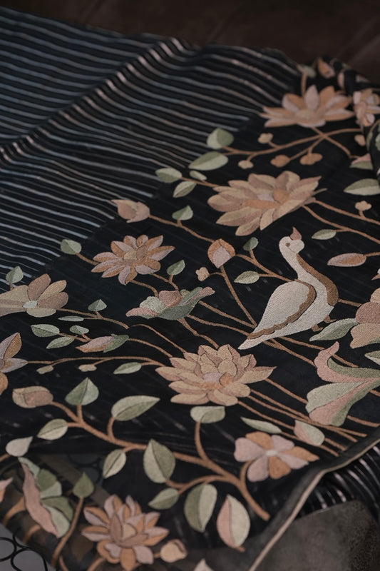 Black - Pure Organza Saree With Hand Embroidery Work