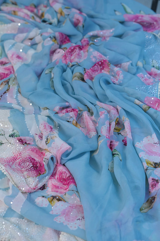 Sky Blue- Pure Handloom Party Wear Georgette Saree