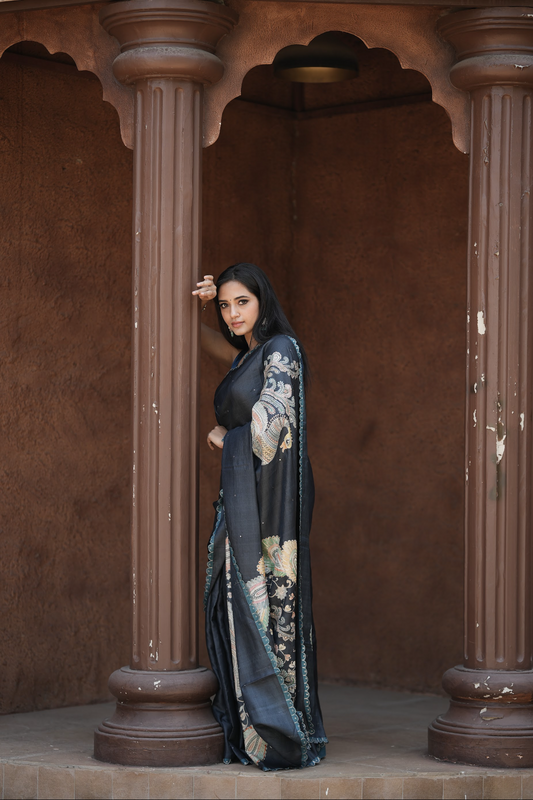 BLACK - PURE TUSSAR WIITH ALLOVER MIRROR WORK AND DESIGNER PALLU