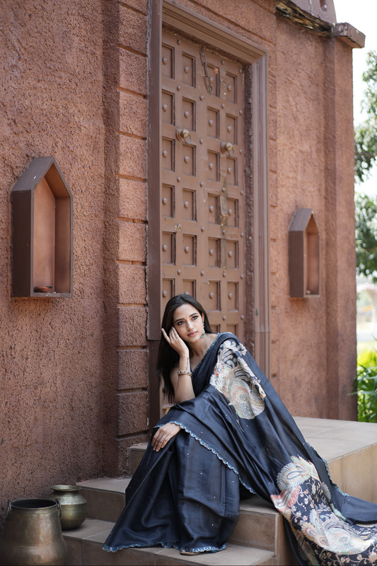 BLACK - PURE TUSSAR WIITH ALLOVER MIRROR WORK AND DESIGNER PALLU
