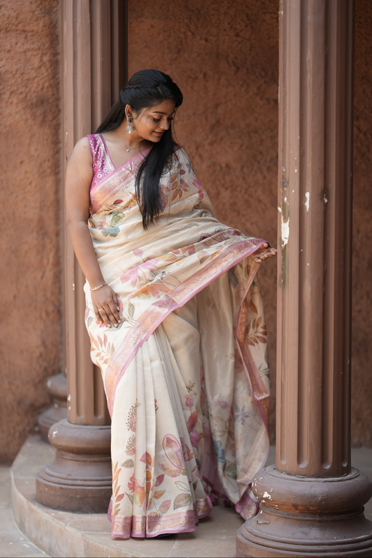 WHITE & PINK - PURE CHANDERI TISSUE SAREE WITH ALLOVER DIGITAL PRINTS