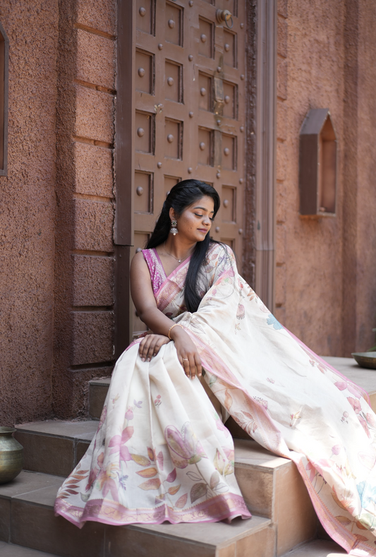 WHITE & PINK - PURE CHANDERI TISSUE SAREE WITH ALLOVER DIGITAL PRINTS