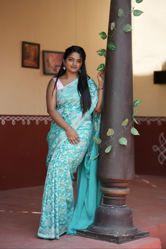 SEA BLUE - PURE BENARAS GEORGETTE SAREE WITH ALLOVER MINAKARI WOVEN