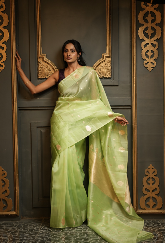 PISTA GREEN - PURE KORA SAREE WITH ALLOVER ZARI WOVEN