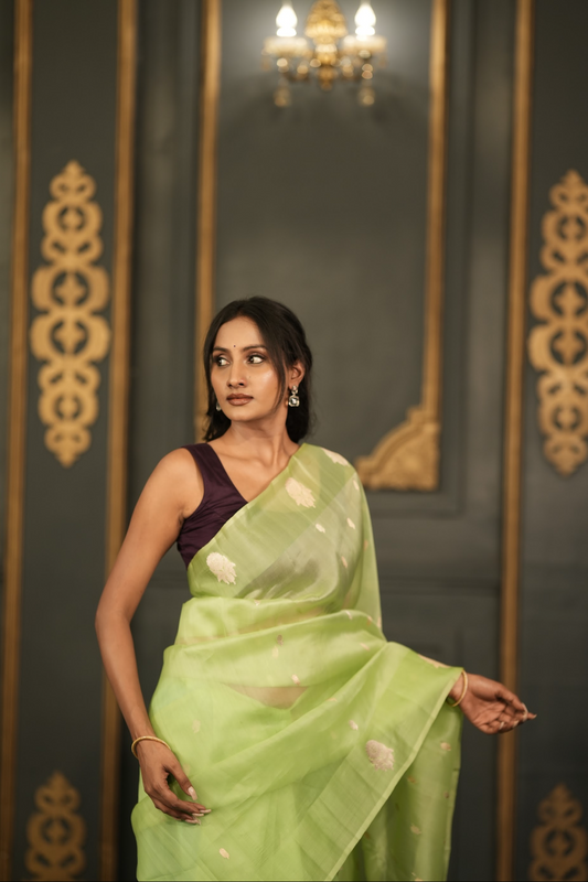 PISTA GREEN - PURE KORA SAREE WITH ALLOVER ZARI WOVEN