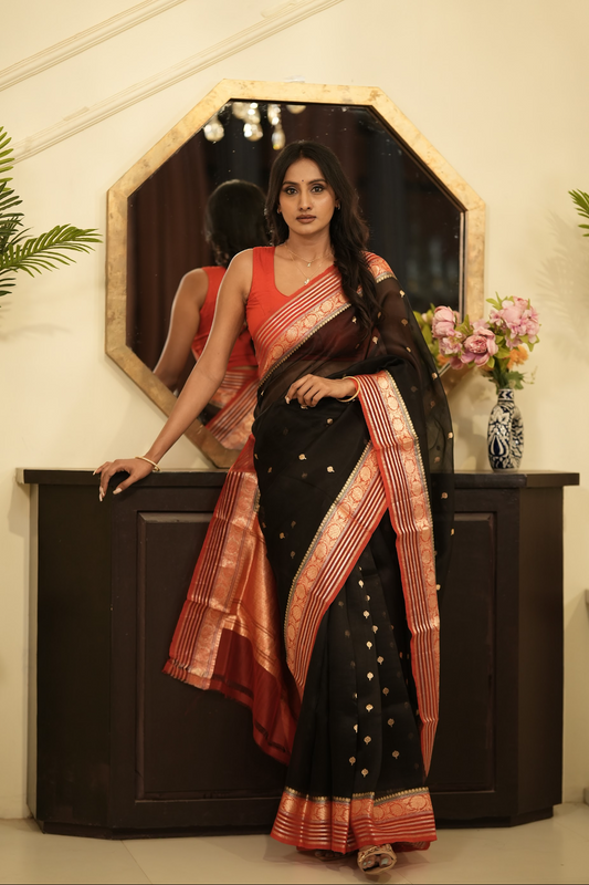 BLACK & RED - PURE KANCHI ORGANZA SAREE WITH ALLOVER GOLD ZARI WOVEN