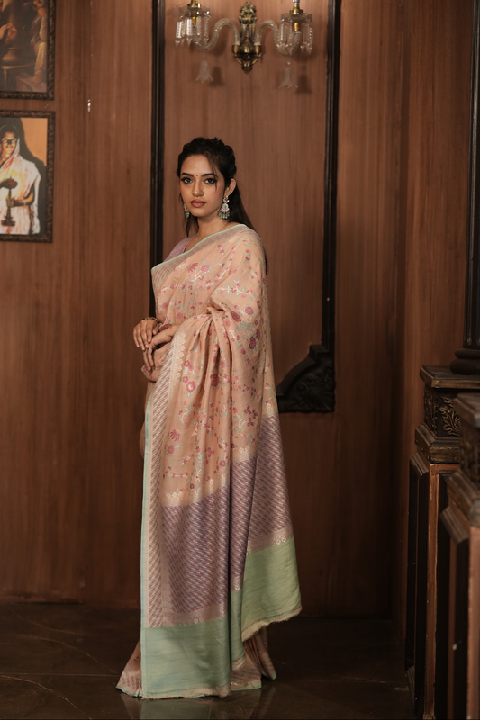 PEACH & PISTA - PURE TUSSAR GEORGETTE SAREE WITH ALLOVER MINAKARI WEAVING