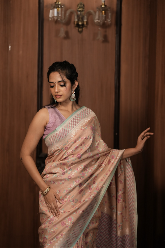 PEACH & PISTA - PURE TUSSAR GEORGETTE SAREE WITH ALLOVER MINAKARI WEAVING