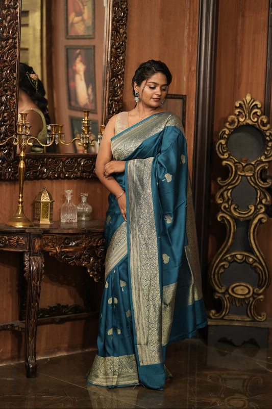 PEACOCK BLUE - PURE BENARAS SILK SAREE WITH ALLOVER ZARI BUTIS