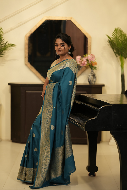 PEACOCK BLUE - PURE BENARAS SILK SAREE WITH ALLOVER ZARI BUTIS