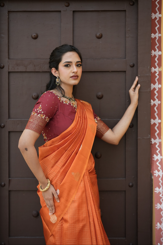 ORANGE - PURE BENARAS SILK SAREE WITH ALLOVER CHECKS